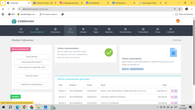 Pantalla del modulo de cobranzas en SUMA